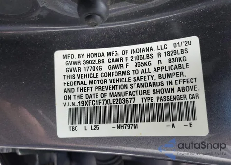 2020 Honda Civic Ex-L из США, поврежденный, VIN 19XFC1F7XLE203677